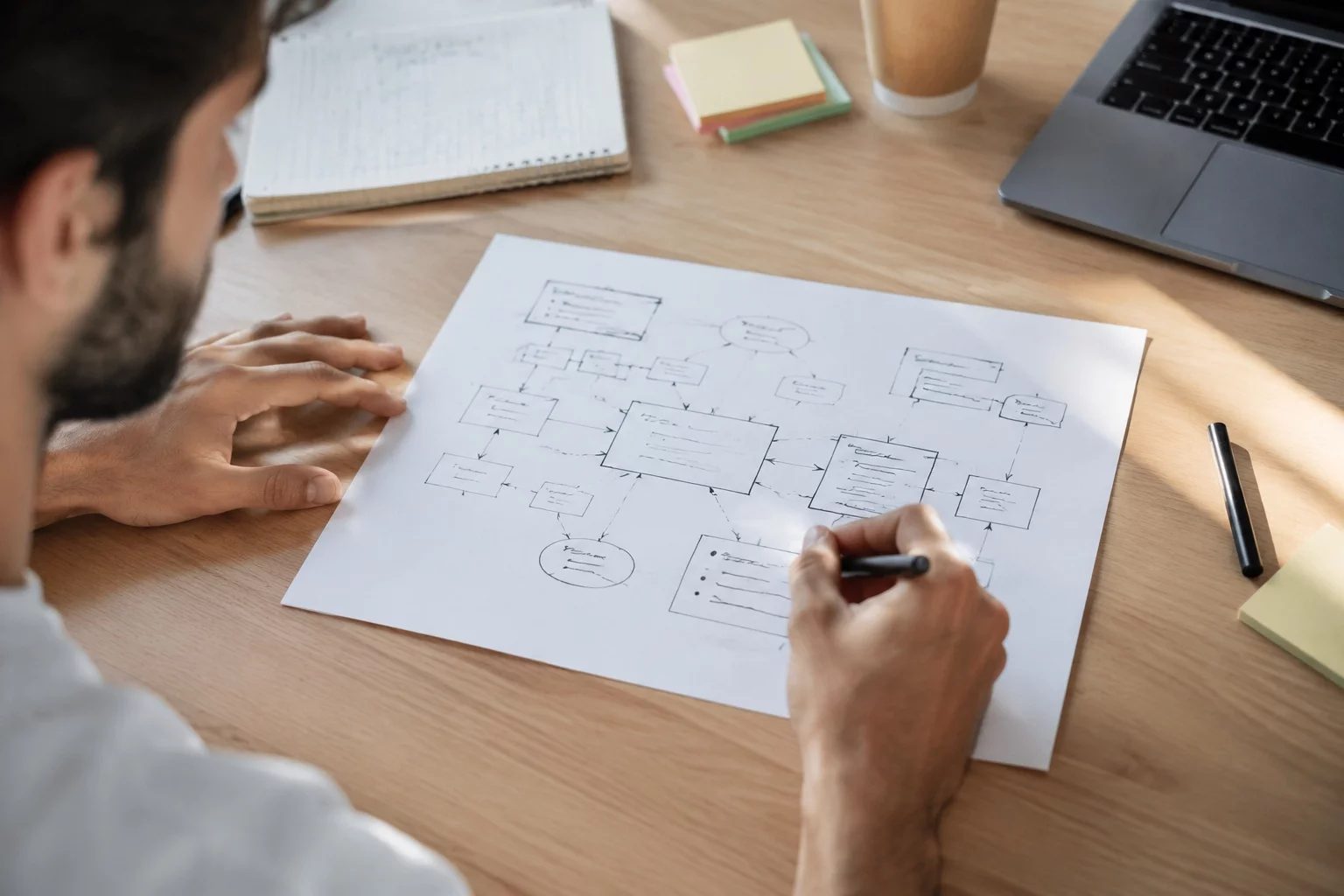 Vista de cima de uma mesa com um diagrama de lógica desenhado à mão