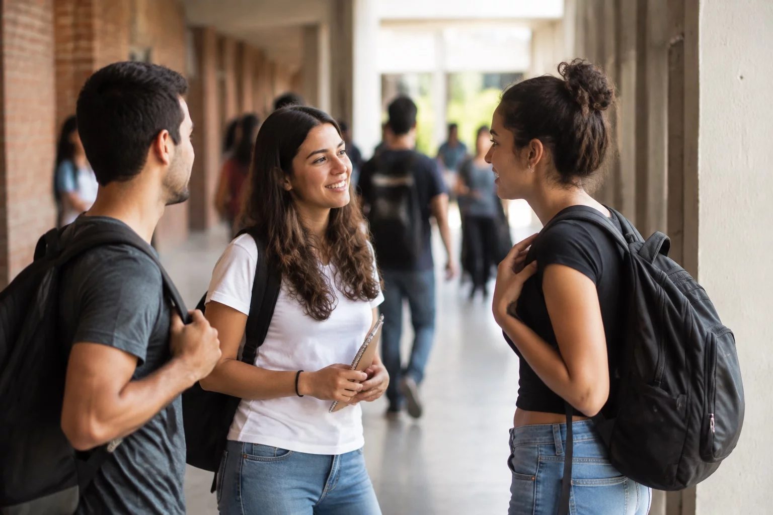Estudantes com mochilas conversando no corredor de uma universidade
