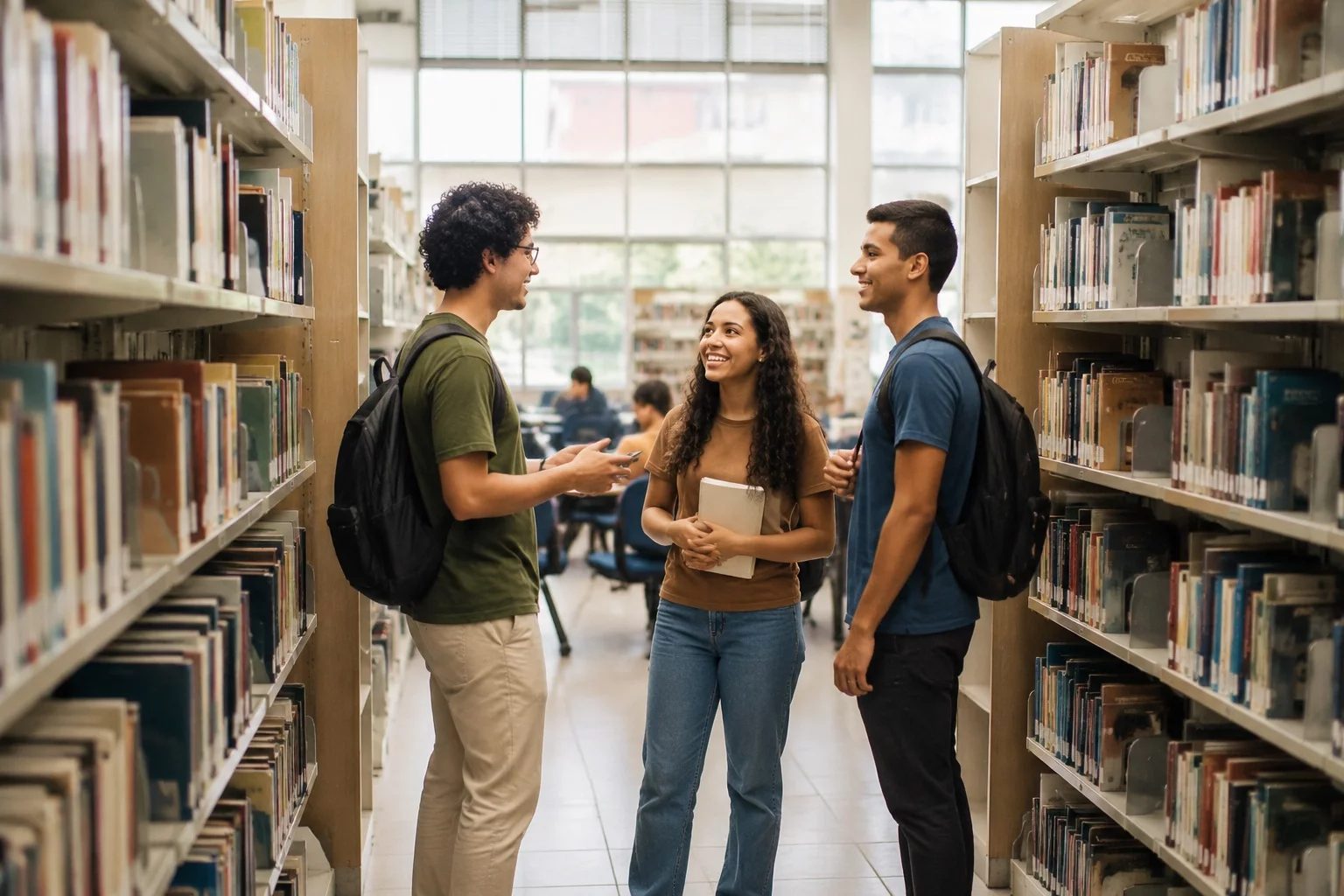 Estudantes conversando em pé entre as estantes de uma biblioteca