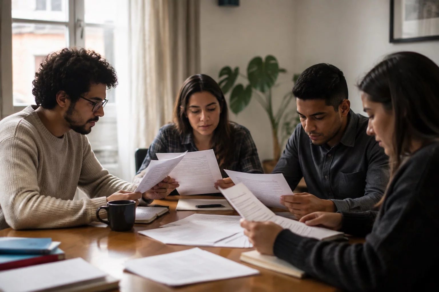 Grupo pequeno lendo páginas impressas de argumentos ao redor de uma mesa