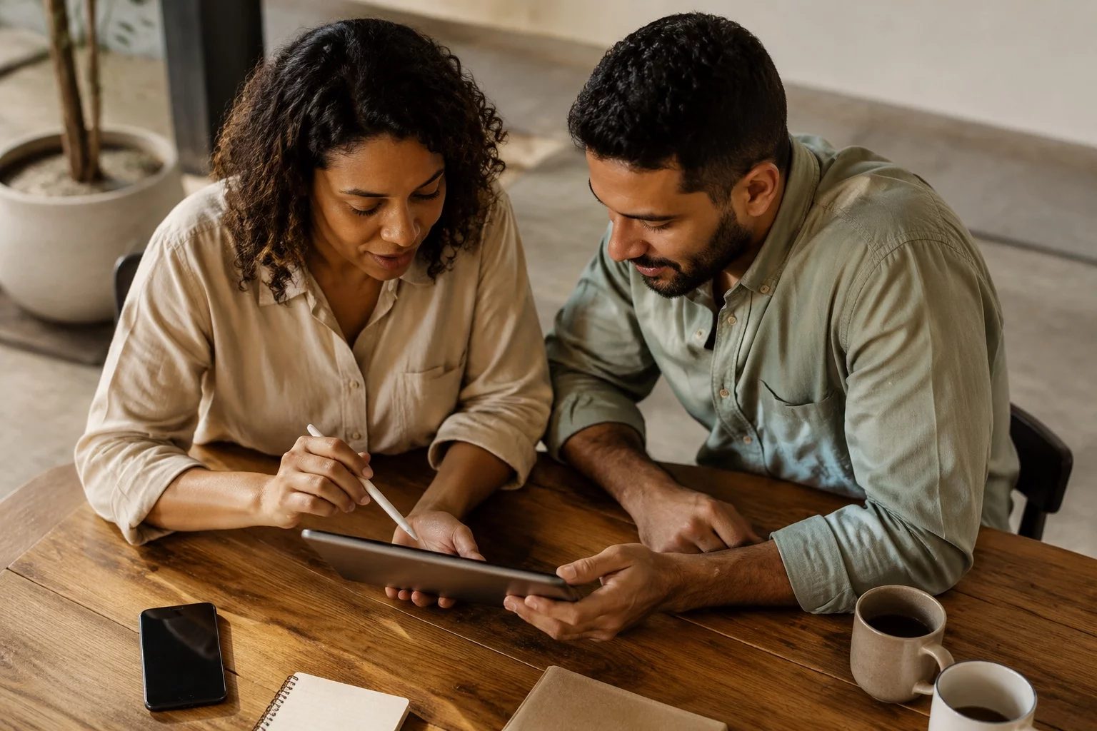 Duas pessoas revisando anotações em um tablet sobre uma mesa de madeira