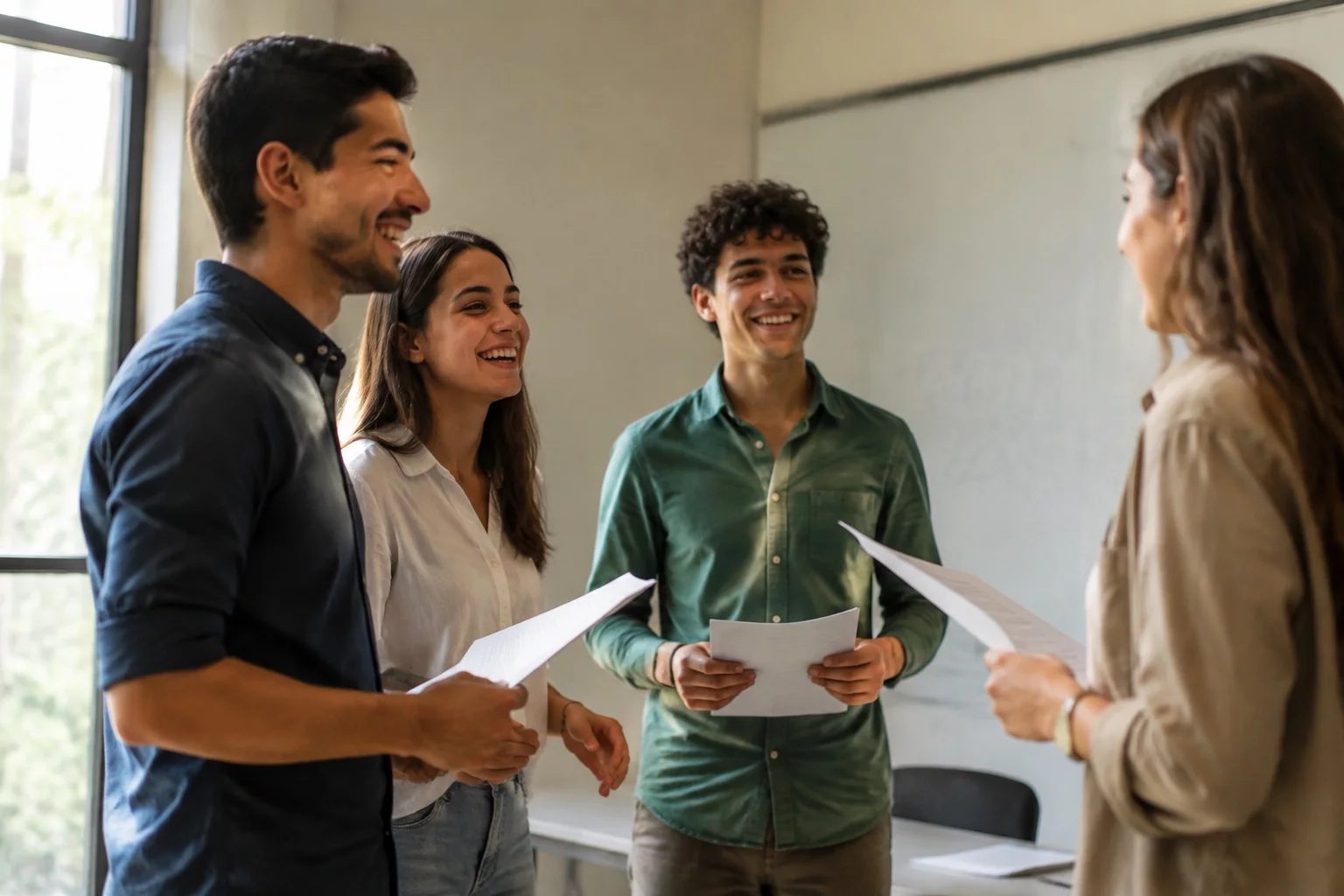 Grupo sorrindo após uma rodada de debate, com papéis nas mãos